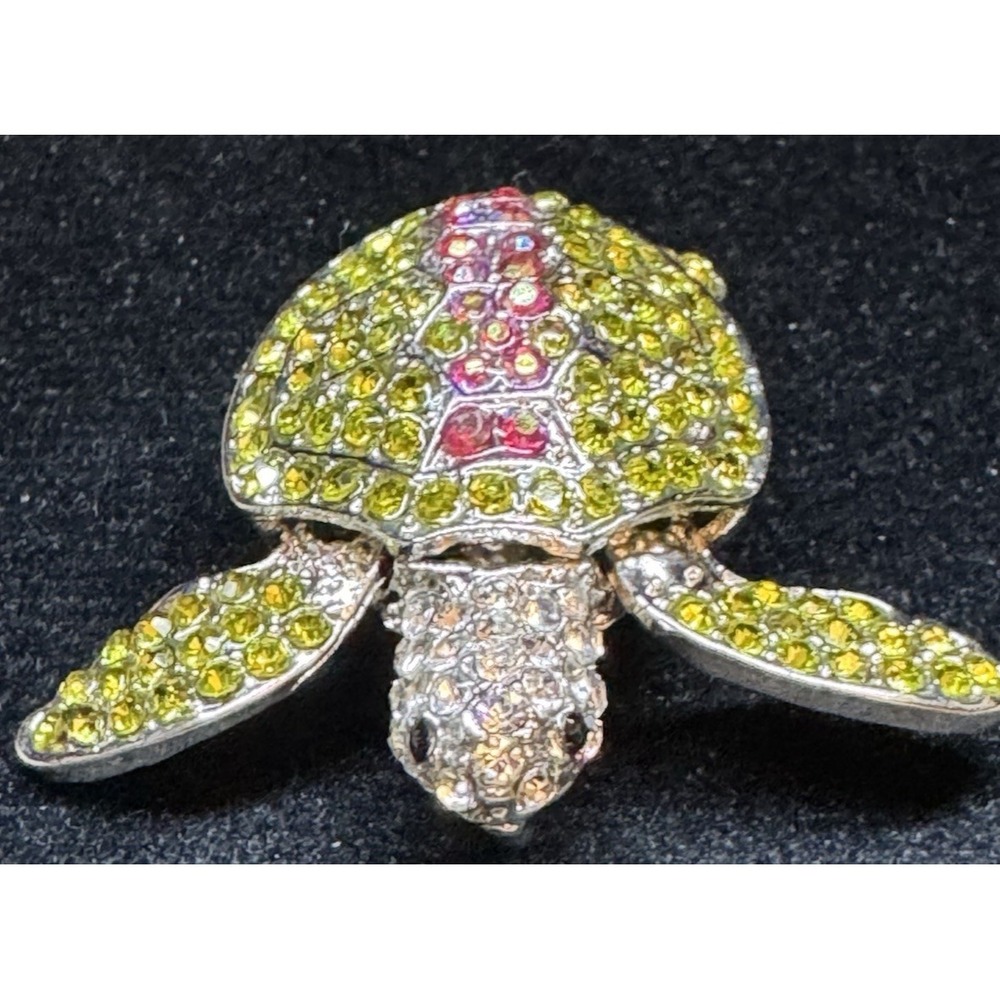 Vintage Sea Turtle Rhinestone Brooch Green Pink Crystal Figural Animal Jewelry